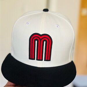 New Era White and Black Cap with Red Emblem